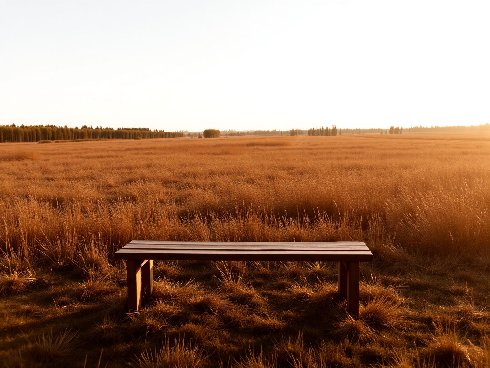 Een eenvoudige bank in een open landschap bij ochtendlicht