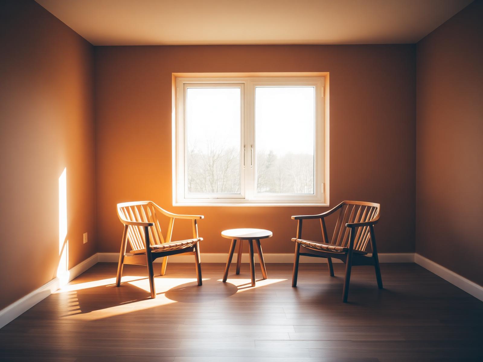 Een rustige gespreksruimte met twee eenvoudige stoelen bij een raam
